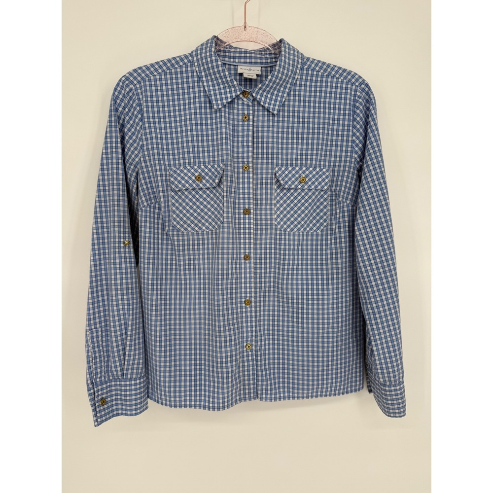 Jaclyn Smith Plaid Button Up‎ Shirt Blue White Long Sleeve Women's Sz M
